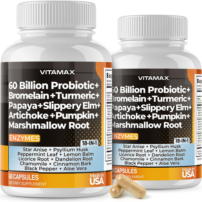 Vitamax 60B Probiotic Digestive Gut Health Supplement - Slippery Elm, Coriander, Papaya, Turmeric, Ginger, Psyllium Husk, Licorice, Marshmallow Root - Men & Women - Made in USA (60 Count (Pack of 2))