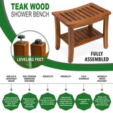 TeakCraft Teak Shower Bench with Shelf 21 Inch, Fully Assembled Teak Wood Shower Stool & Spa, Shower Bench for Elderly, Indoor and Outdoor Use, The Hermod