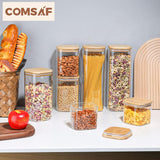 ComSaf Food Storage Containers with Airtight Bamboo Lids Set of 5, Clear Glass Canister Food Jar with Sealing Lid Kitchen Pantry Storage Container for Spaghetti Pasta Sugar Flour Cereal Beans, Square