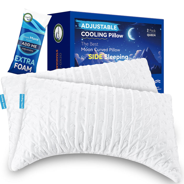 Side Sleeper Pillow for Adults, Cervical Pillow for Neck and Shoulder Pain, Ergonomic Contour Pillow, Cooling Shredded Memory Foam Pillow Curved Bed Pillow, Queen Size Set of 2, Extra Fill Included