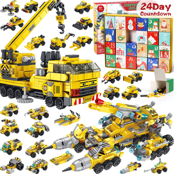 Kids Advent Calendar 2024 for Boys, 24 Days Christmas STEM Construction Vehicles Building Blocks Countdown Calendar Gifts Box with 12-in-1 Engineering Truck Bricks Toys Set for Kids Teens Girls Age 6+