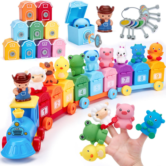 Toddler Learning Toys for 2 3 Year Old Boy Girl - Counting Matching & Sorting Activity Montessori Train Set with Farm Animals, Finger Puppets, Keys to Lock and Unlock Barns, Christmas Birthday Gift