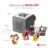 Toniebox Audio Player Starter Set with Spidey, Ghost-Spider, Spin, Black Panther, and Playtime Puppy - Listen, Learn, and Play with One Huggable Little Box - Gray