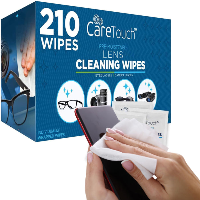 Care Touch Lens Wipes for Eyeglasses - 210 Individually Wrapped Pre-Moistened Wipes, 5x6 Inches - Cleaner for Glasses, Sunglasses, and Screens - Gentle and Portable for On-the-Go Cleaning of Devices