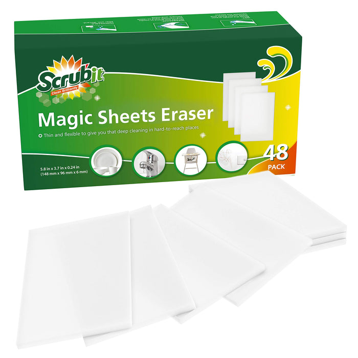 SCRUBIT Eraser Sheets – 48 Pack Disposable Magic Cleaning Sponges - All Purpose Household Cleaner Pads - Kitchen Couch and Bathroom Eraser Wipes- Melamine Foam Sheet for Hard to Reach Spaces