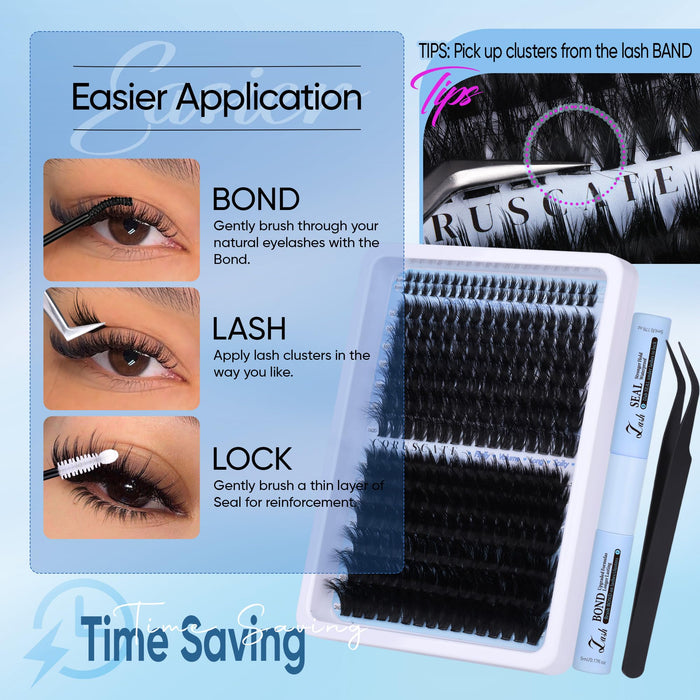 CORUSCATE Lash Clusters Kit with Bottom Lash Extension Kit Thick 160D+260D Cluster Eyelash Extensions Volume Individual Lashes 12-22mm Cluster Lashes Mega Dramatic Style with Lash Bond and Seal Glue