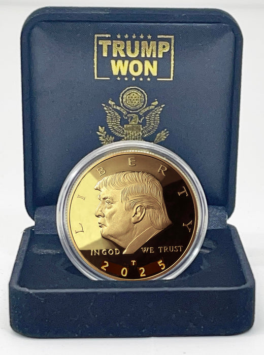 Donald Trump Won 2025 Gold Coin in Velvet Display Case - 47th Presidential Commemorative Gold Plated Replica Challenge Coin with Cert of Authenticity (2025 Velvet)