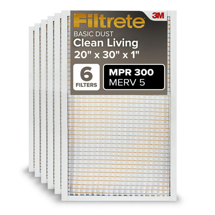 Filtrete 20x30x1 AC Furnace Air Filter, MERV 5, MPR 300, Capture Unwanted Particles, 3-Month Pleated 1-Inch Electrostatic Air Cleaning Filter, 6-Pack (Actual Size19.81x29.81x0.81 in)