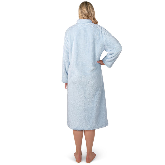 PAVILIA Womens Housecoat Zip Robe, Sherpa Zip Up Front Robe Bathrobe, Fuzzy Warm Zipper House Coat Lounger for Women Ladies Elderly with Pockets, Fluffy Fleece Long - Light Blue (Large/X-Large)