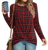 HOTGIFT Winter Womens Christmas Tunic Tops Long Sleeve Casual T-Shirts Front Twist Blouse Red Plaid Large