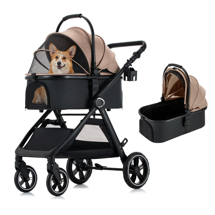 KAVELLIN Pet Stroller for Small/Medium Dogs, Foldable Dog Stroller with Detachable Carrier,3 in 1 Pet Stroller for Dogs Cats up to 50 lbs, Cup Holders,Easy Assembly, Khaki