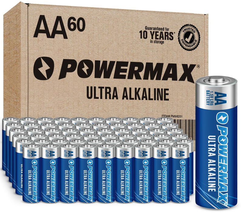 Powermax 60-Count AA Batteries, Ultra Long Lasting Alkaline Battery, 10-Year Shelf Life, Reclosable Packaging