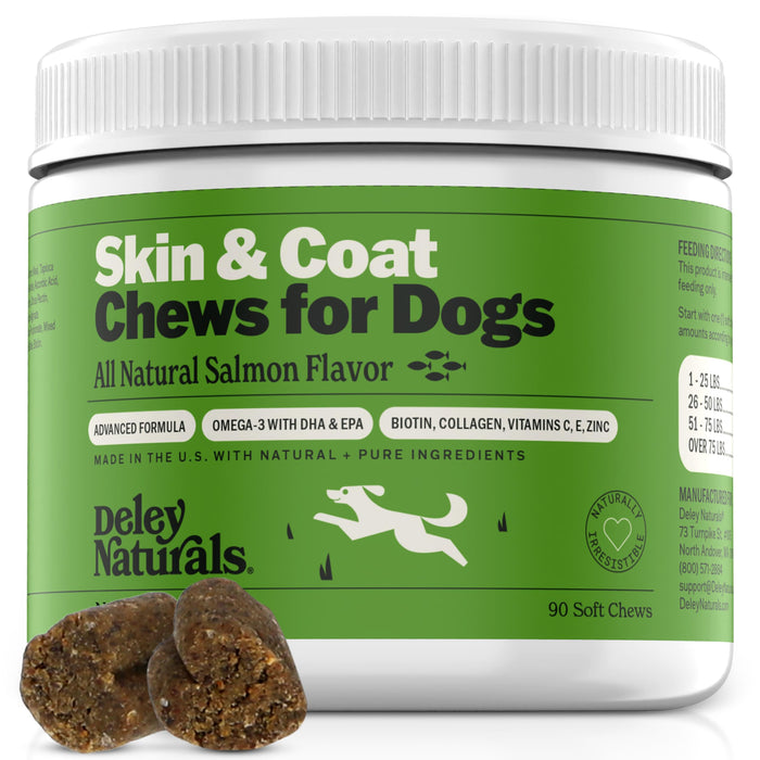 Deley Naturals Omega Skin and Coat Chews, Omega 3 Fish Oil with DHA & EPA, Biotin, Collagen, Vitamins C, E, and Zinc, Supports Shiny Coat, Allergies, Itching, Salmon Flavor, 90 Chews—Made in The USA