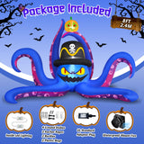 MICOCAH 8 FT Octopus Halloween Inflatables Outdoor Decoration with Pirate Hat Holding Up Pumpkin Halloween Blow Up Decorations Built-in LED Lights Holiday Party Indoor Garden Lawn Yard Decor