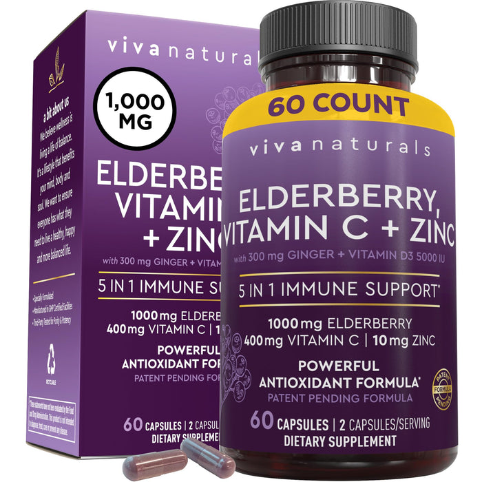 Viva Naturals Sambucus Elderberry with Zinc and Vitamin C for Adults, Vitamin D 5000 IU and Ginger - Immune Support Supplement, 60 Count - Black Dried Elderberry Capsules for Adults