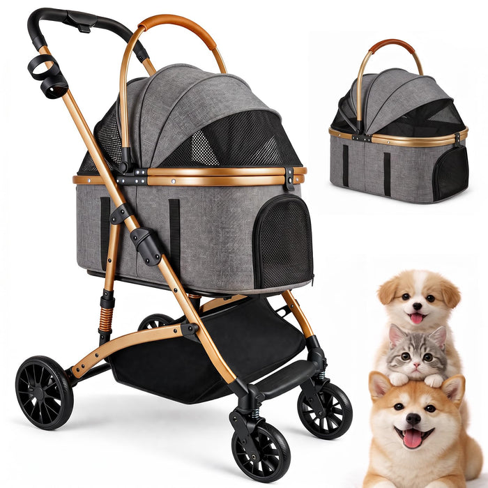 Ioboneed 3-in-1 Dog Stroller with Rain Cover, Quick Foldable, Detachable Carrier & Car Seat, for Medium Dogs Cats Up to 50 lbs, Anti-Shock Solid Rubber Wheels, Grey