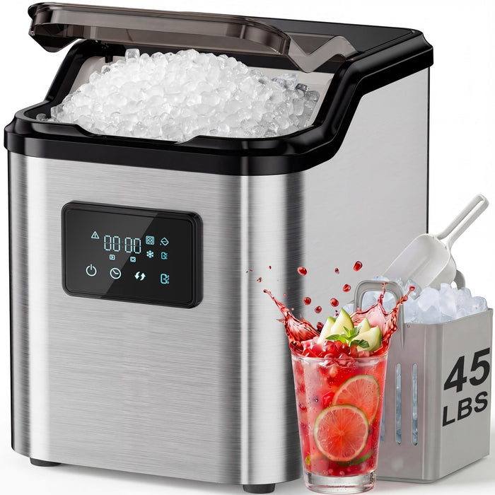 Landeagle Nugget Ice Makers Countertop,Portable Pebble Ice Machine with Crushed Ice,45lbs/Day Soft Pellet Ice Maker Stainless with 24H Timer, Self-Cleaning Chewable Sonic Ice for Home,Kitchen,Office