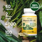 Vegan Vitamin D3 + K2 4000IU (100mcg) with Coconut Oil, 100% Plant Based Vegan Vitamin D for Vegan and Vegetarian - 60 Capsules