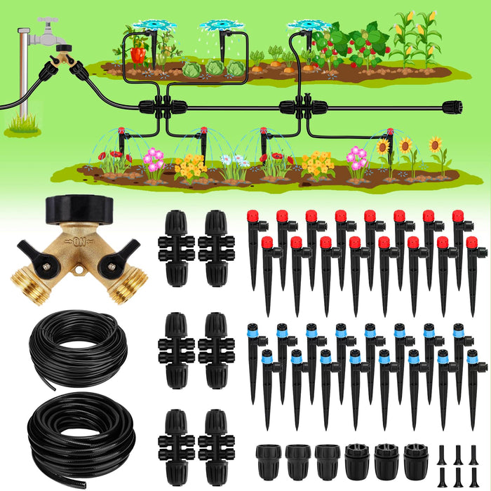 250FT Drip Irrigation System for Garden - 50FT 1/2" Main Tube & 200FT 1/4" Branch Tubing, Brass Splitter, Quick Connect Design, Perfect for Outdoor Plants, Raised Beds, Greenhouses