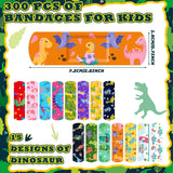 Estune 300 Pcs Bulk Kids Bandages Dinosaur 15 Styles Fun Children's Adhesive Bandages Colorful PE Flexible Bandages Cartoon Bandages for Kids Boys Girls Students