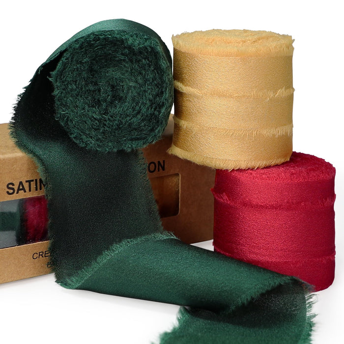Keypan Christmas Tree Ribbon for Gift Wrapping, Silk Satin Chiffon Frayed Fabric Holiday Ribbons for Crafts Wedding Invitation Decor Baby Shower 1-1/2 inch x 21 Yd