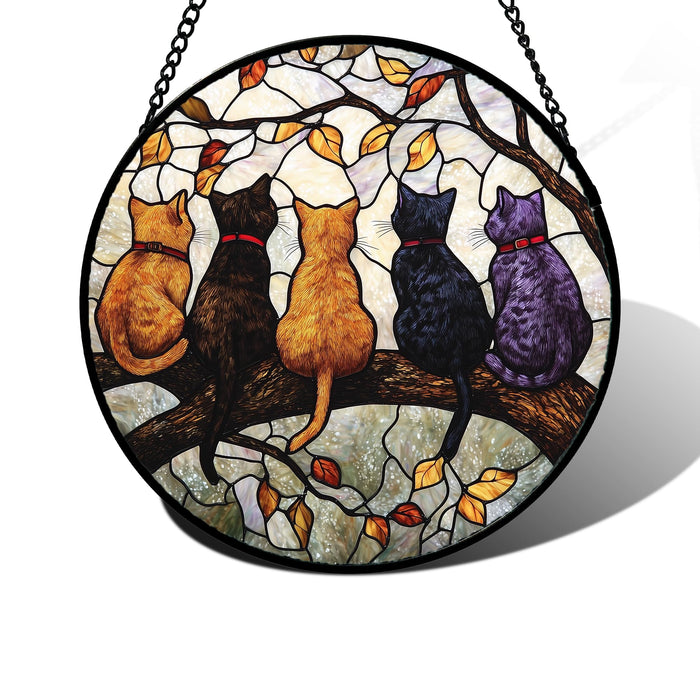 DASTOLL Stained Glass Window Hanging - 5 Cats on a Branch Suncatcher for Window Doors Home Decoration and Christmas, Mother's Day Father's Day Birthday Gifts for Women, Men, and Mom 6.3x6.3 in