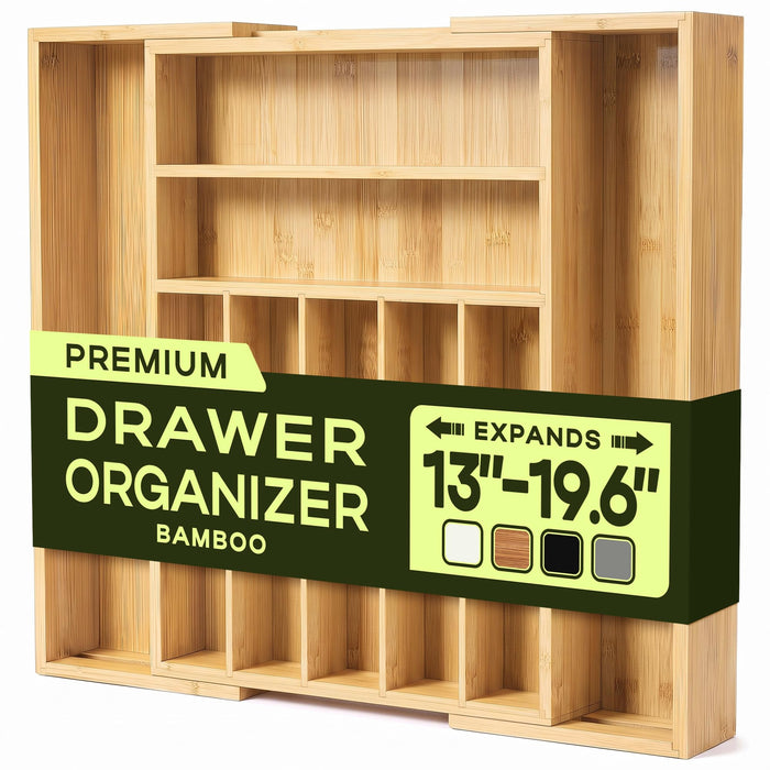 ROYAL CRAFT WOOD Luxury Bamboo Kitchen Drawer Organizer for Kitchen Organization - Silverware Organizer, Utensil Holder & Cutlery Tray Drawer Dividers for Flatware Silverware Storage, 9 Slot, Natural