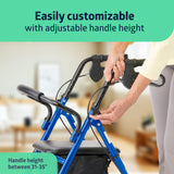 Medline Steel Rollator Walker for Adult Mobility Impairment, Blue, 350 lb. Weight Capacity, 6” Wheels, Foldable, Adjustable Handles, Rolling Walker for Seniors