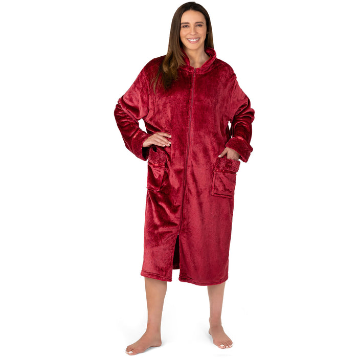 PAVILIA Womens Housecoat Zip Robe, Fleece Zip Up Front Robe Bathrobe, Plush Warm Zipper House Coat Lounger for Women Ladies Elderly with Satin Trim, Pockets, Long Plus Size - Wine Red (2x/3x)