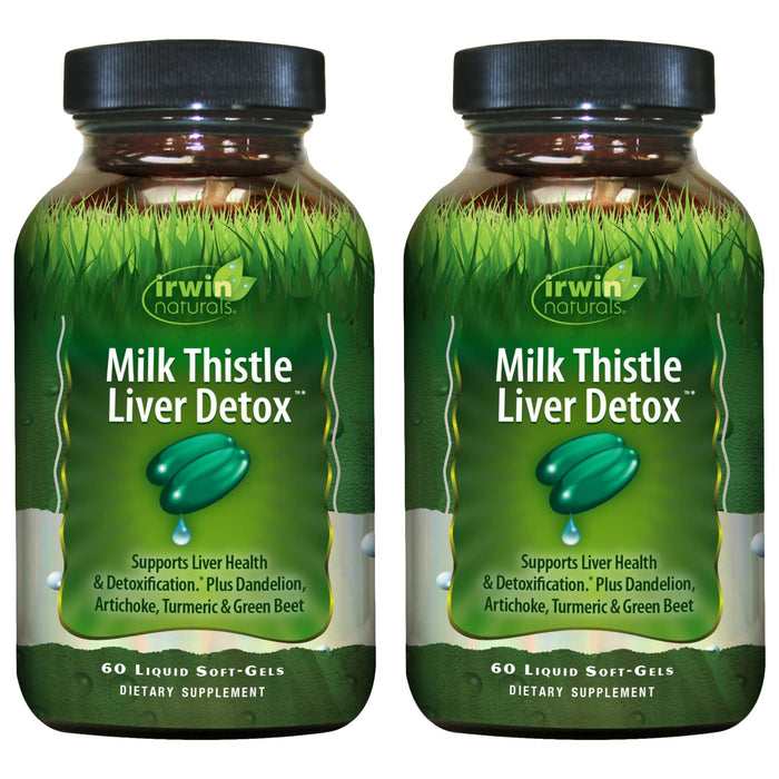 Irwin Naturals Milk Thistle Liver Detox - 60 Liquid Soft-Gels, Pack of 2 - Supports Liver Health with Dandelion, Artichoke, Turmeric & Green Beet Root - 60 Total Servings