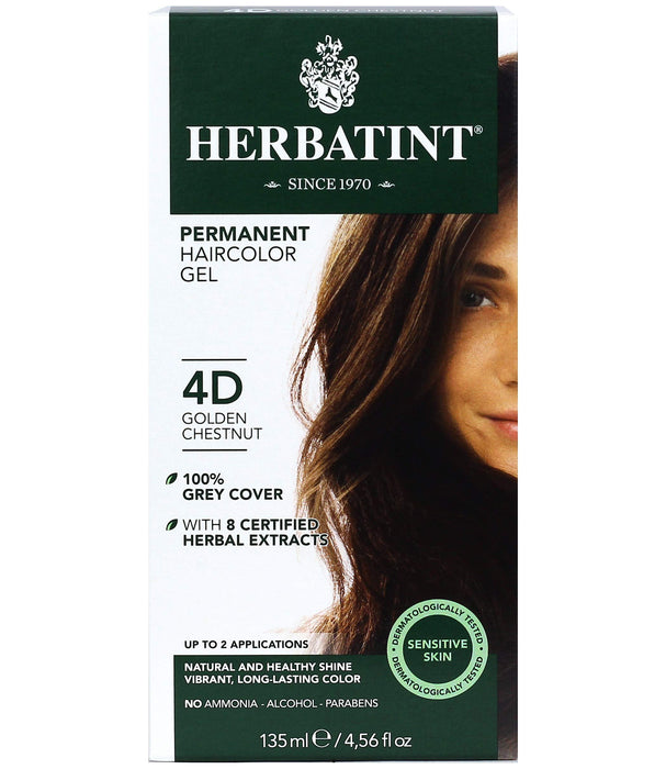 Herbatint Permanent Haircolor Gel, 4D Golden Chestnut, Alcohol Free, Vegan, 100% Grey Coverage - 4.56 oz