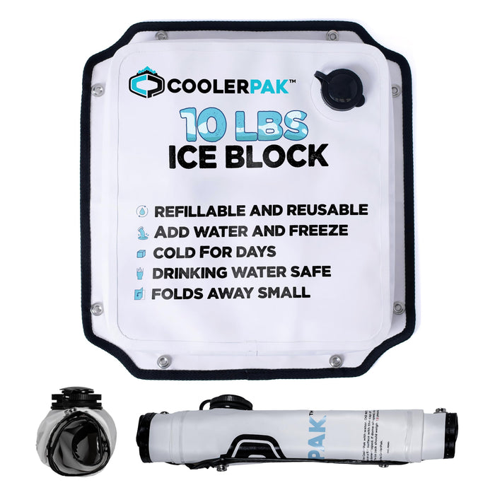 CoolerPak 10lb Refillable Reusable Ice Pack - Stainless Snaps - Cold for Days - Non-Toxic, Leakproof, Suitable for Potable Drinking Water & Cold Plunge - Built Tough, Roll Up for Easy Storage