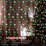 echosari Red White and Green Christmas Curtain Lights Battery Operated, 300 LED Fairy Curtain Lights 9.8Ft x 9.8Ft Hanging Lights with Remote Timer for Party Holiday Garden Yard Decor