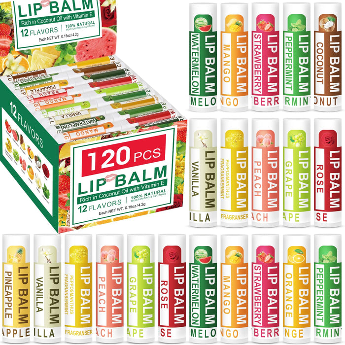 DMSKY 120 Pack Lip Balm, Natural Lip Balm Bulk with Vitamin E and Coconut Oil, Moisturizing Lip Balm for Dry Cracked Lips, Lip Balm for Stocking Stuffers - 12 Flavors