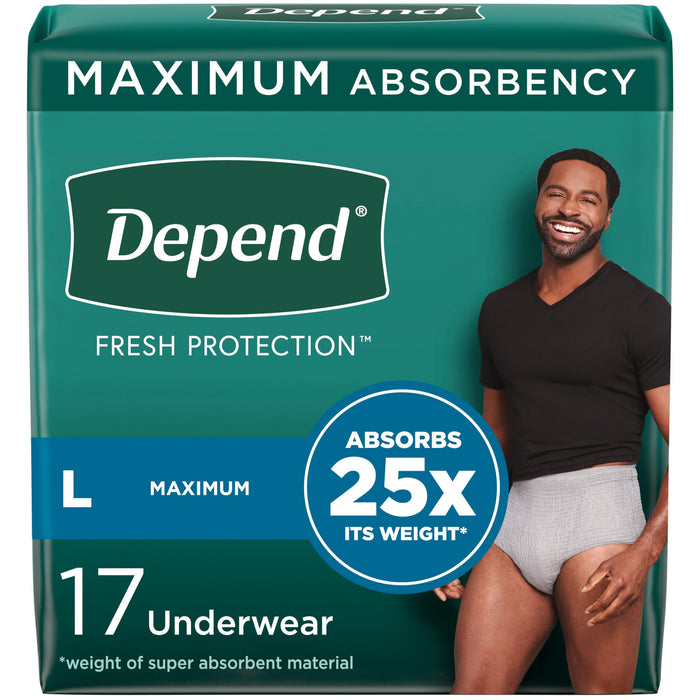 Depend Fresh Protection Adult Incontinence Underwear for Men, Disposable, Maximum, Large, Grey, 17 Count, Packaging May Vary