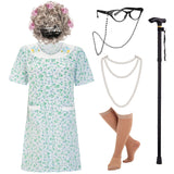 EBYTOP Old Lady Costume for Women, Halloween Granny Dress Up Wig Grandma Glasses Cane 100 100th Das of School,S-M