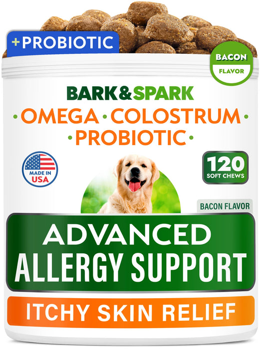 BARK&SPARK Advanced Dog Allergy Itch Relief Chews - Skin Probiotics w/Fish Oil Omega 3 - Itchy Skin Relief Pills - Anti Itching Licking - Skin Allergies Treatment Immune Supplement Colostrum-120 Bacon