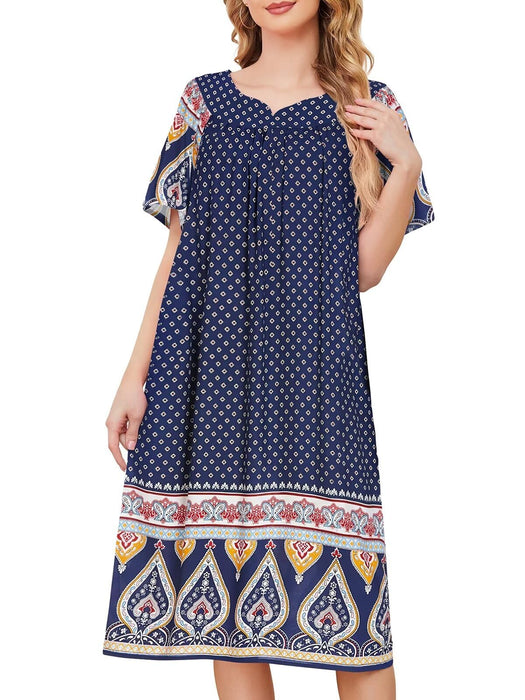 udforsk Mumu Dresses for Women Lounge Dresses Duster Housecoat Short Sleeve House Dresses for Elderly Print Hawaiian Muumuu Nightgown with Pockets Navy Crown XL