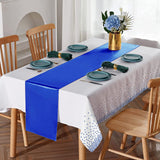 8Pack Disposable Plastic Tablecloths and Satin Table Runner White and Royal Blue Dot Tablecloth Blue Satin Table Runner for Wedding Birthday Baby Shower Anniversary Christmas New Year Party Supplies