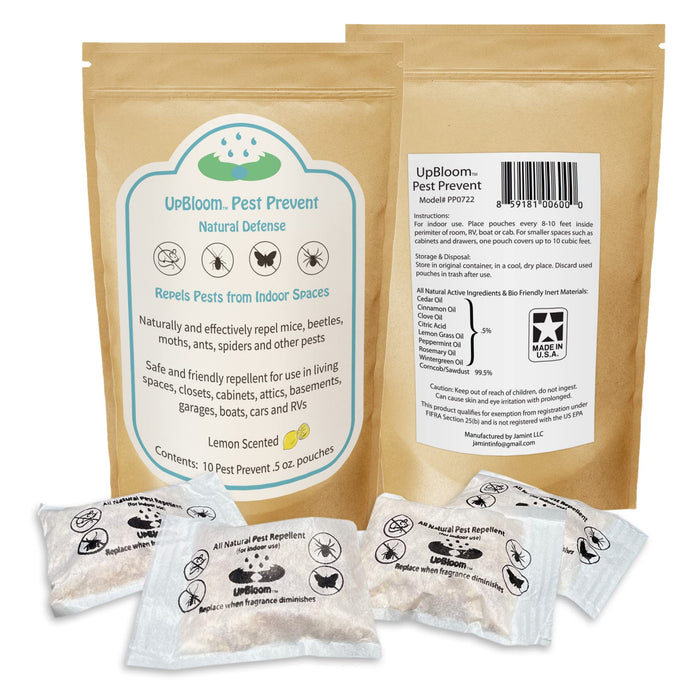 UpBloom Pest Prevent Natural Defense Repellent for Indoor Spaces for mice, Beetles, Moths, Ants, Spider 10 Pouches. All Natural Made in The USA