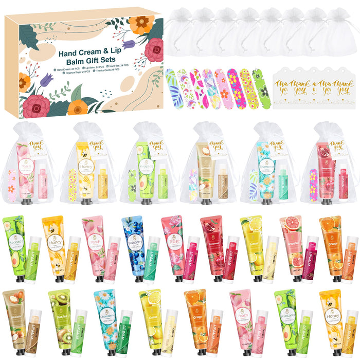 YUEONEWIN 24 Sets Bulk Gifts For Women, Hand Cream Lotion, Lip Balm, Mini Nail Files Gifts Set with Organza Bags, Thank You Card, Baby Shower Bridal Wedding Favor for Guests, Christmas Gift for Women