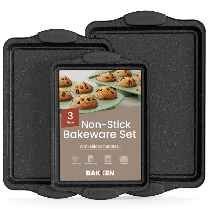 BAKKEN Cookie Sheets for Baking Nonstick Set - 3-Piece Stackable Carbon Steel Baking Sheet Pans Set with Silicone Handles, Non Toxic Cookie Sheets for Baking Bakeware Set - Gray Marble
