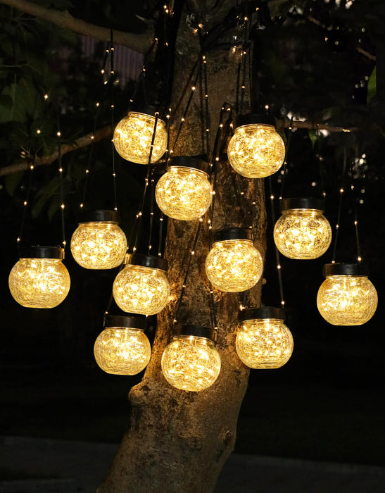 PARTPHONER Solar Lights Outdoor Waterproof 12-Pack, Solar Powered Hanging Lantern Cracked Glass Hanging Globes for Yard Decor Christmas Decoration, Shepherd Hook, Garden Tree Ornaments, Warm White