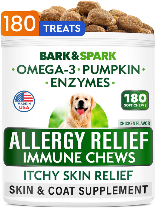 BARK&SPARK Dog Allergy Relief Chews (180 Immune Treats) - Anti-Itch Skin & Coat Supplement - Omega 3 Fish Oil - Itchy Skin Relief Treatment Pills - Itching&Paw Licking - Dry Skin & Hot Spots -Chicken