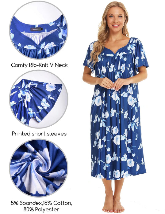 Bloggerlove House Dress for Women Elderly Moomoo Short Sleeve Muumuu Dresses House Coats Grandma Nightgowns(Blue,S)