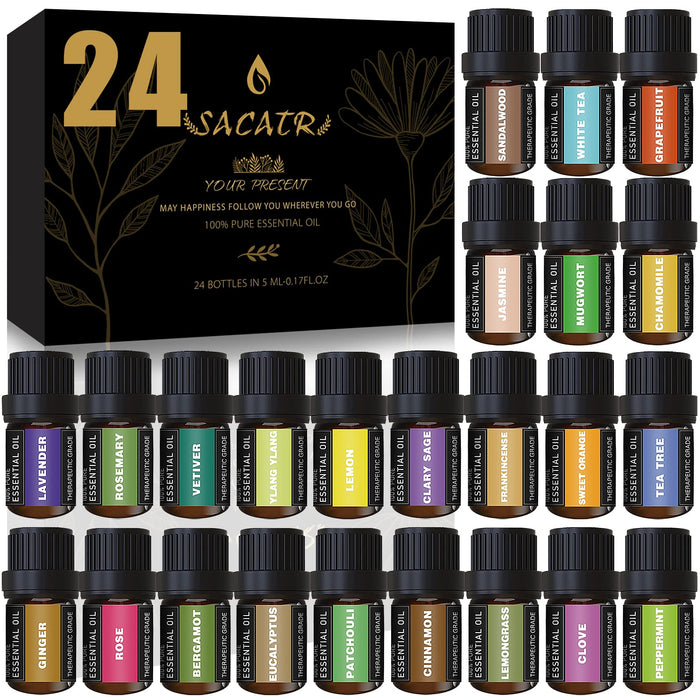 24 Bottles Essential Oils Set -100% Natural Essential Oils-Perfect for Diffuser, Humidifier,Aromatherapy, Massage,Soap, Candle Bath Bombs Making (5ml/0.17oz)