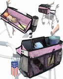 Walker Basket for Folding Walker with Flip-Down Walker Tray | Handy Cane/Reacher Strap & Cup Holder | Walker Bags for Folding Walker with Wheels, Organizer for Walker Accessories for Walker Caddy-PLUM