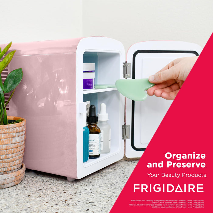 Frigidaire Retro Mini Fridge Cooler, 4L Capacity Chills 6 12oz Cans, 100% Freon-Free & Eco Friendly, Portable Fridge for Car, Office, Bedroom, Dorm Room, or Cabin - 9.84"D x 7.09"W x 10.35"H (Pink)