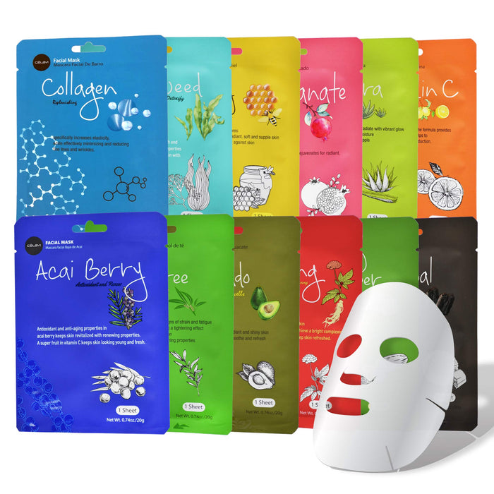 Celavi Essence Facial Sheet Face Mask Variety Set Classic Authentic Korean Moisturizing Skincare (Variation 1, 12 Count (Pack of 3))