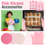 Oven Mitts and Pot Holders 7 Sets, Heat Resistant Kitchen Gloves Pads Potholders for Christmas Women Gifts Cotton Pot Holders Farmhouse Kitchen Accessories Gift for Cooking Baking(Pink White, Cotton)